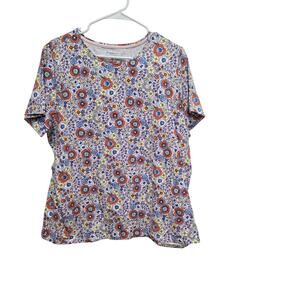 Talbots 2X Floral Garden Print Tee Pink Blue Stretch Top